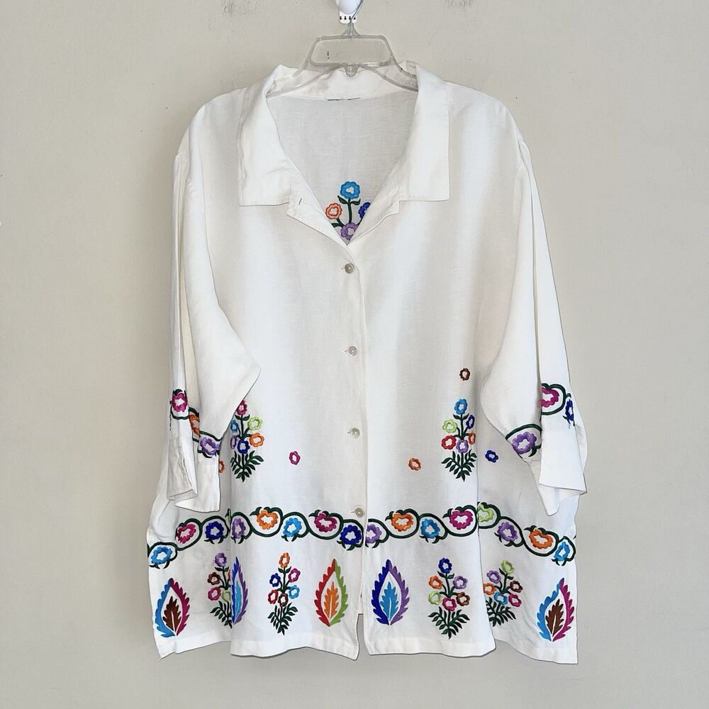 Louis Dell Olio Linen Shirt Top Plus Size 3X Colorful Embroidered Short Sleeves - Picture 2 of 7